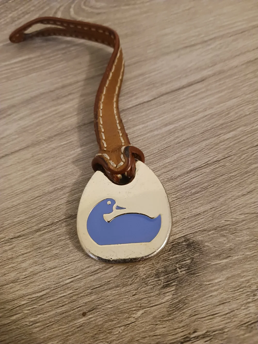 Dooney & Bourke Brown Leather Purse Charm Holder with Blue Duck Medallion Gold